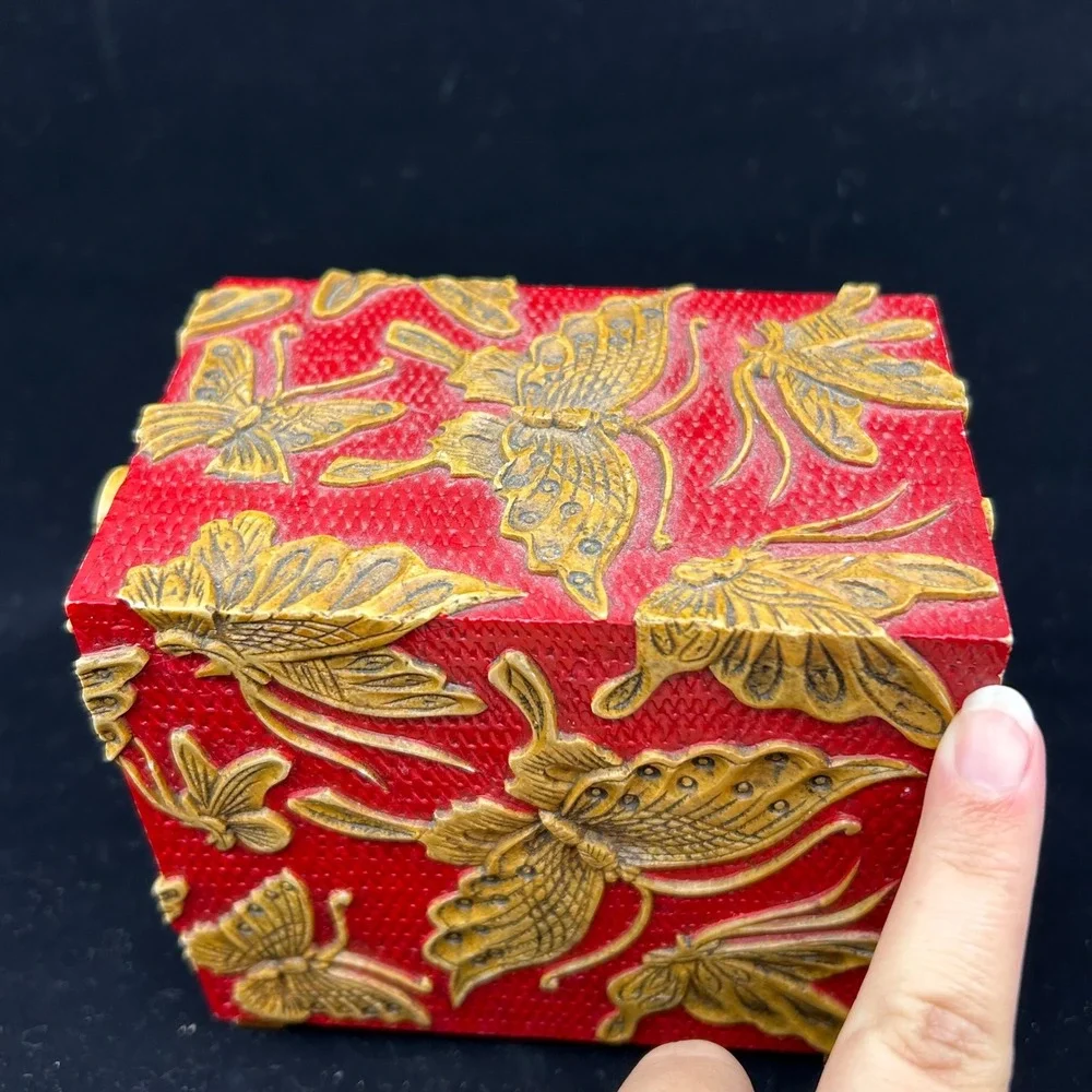 Carved Soapstone Vietnam Handmade Red Carved Butterfly Jewelry Drawer Box